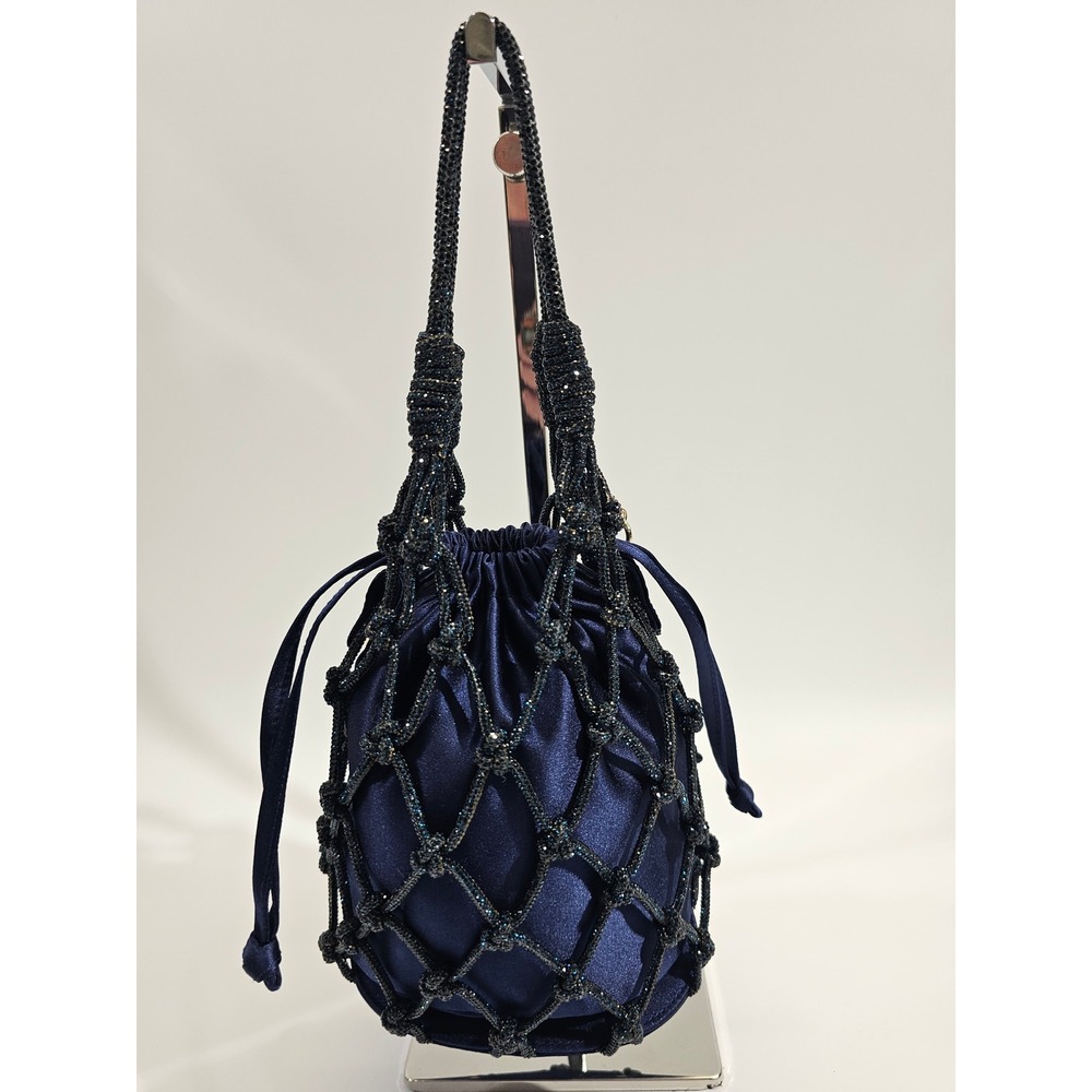 Judith Leiber Couture Sparkle Net Pouch Bag Bucket Navy Satin Mesh Evening EUC - Picture 9 of 13